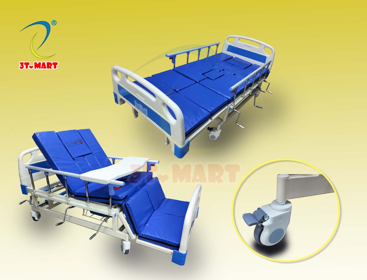 Giường y tế HUMED ở tư thế nằm phẳng và tư thế ngồi, cận cảnh bánh xe có khoá